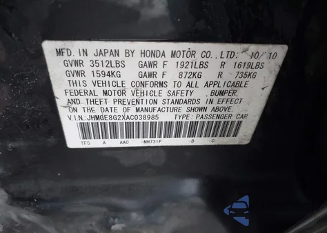 2010 Honda Fit z USA, uszkodzony, nr VIN JHMGE8G2XAC038985